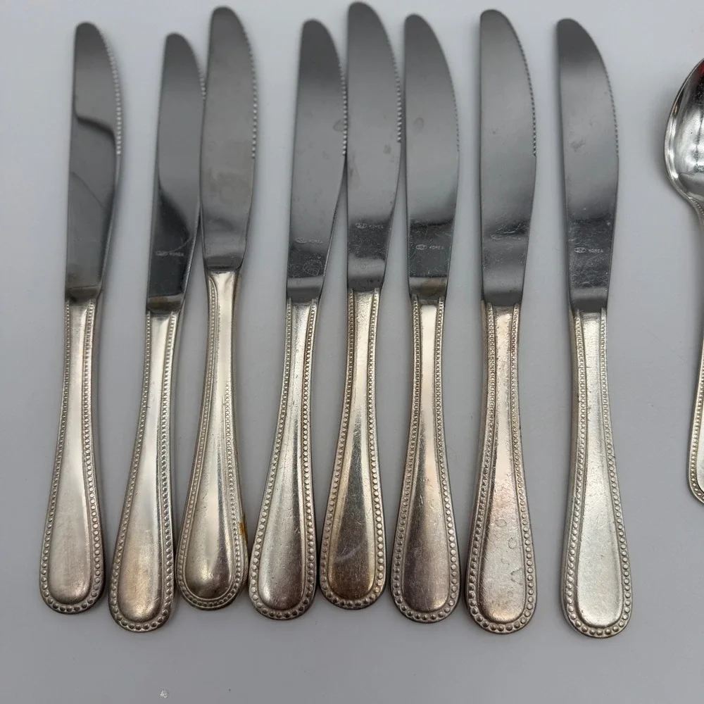 International Silver Stainless Flatware Set 27pc Beaded Pattern Korea Glossy